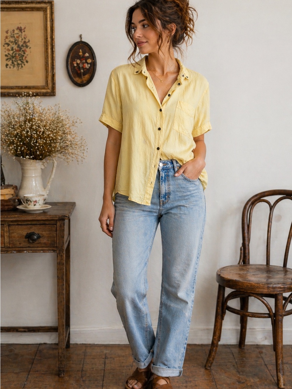 Forenza 100% Silk Yellow Button-Up Shirt Small Vintage Relaxed Blouse